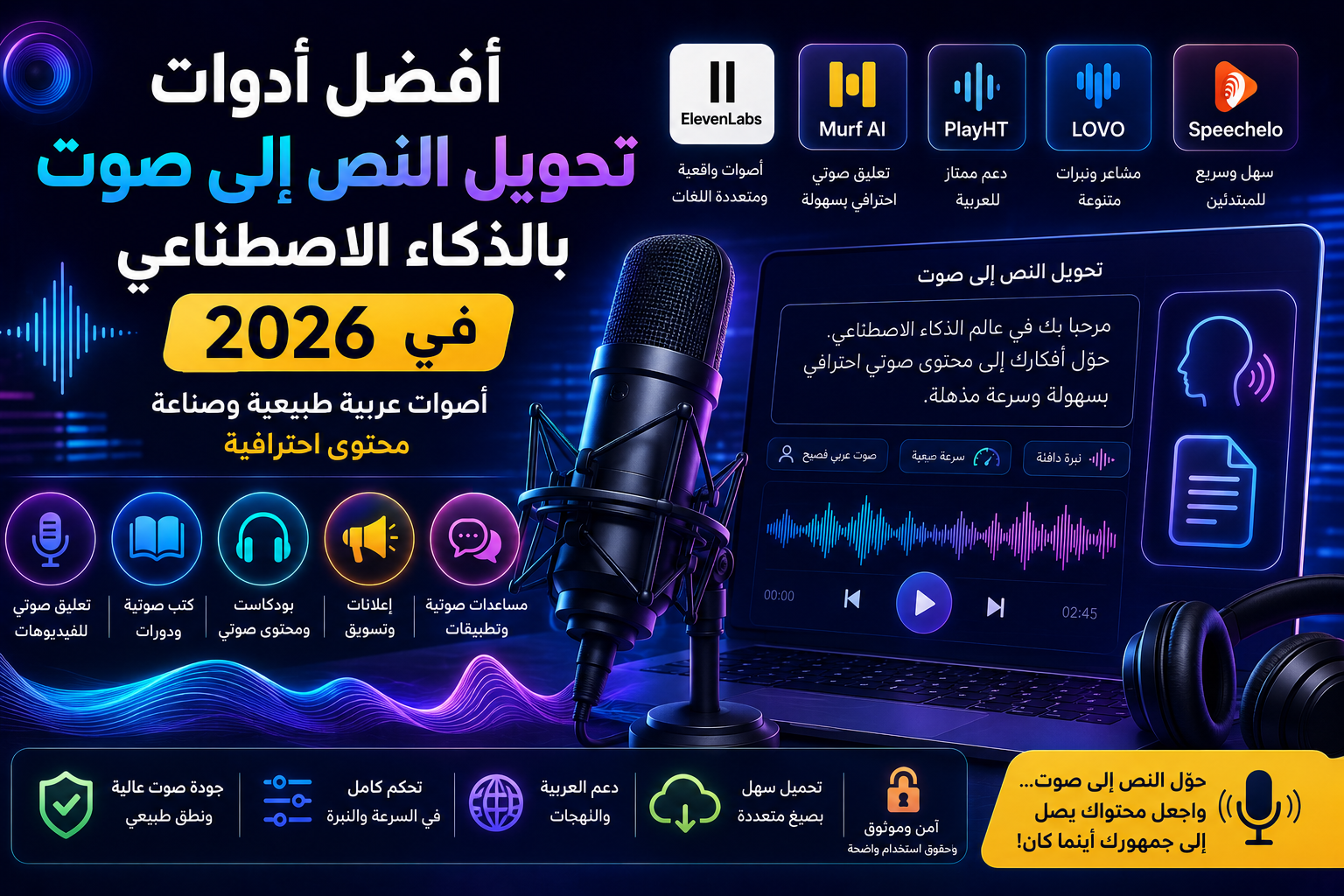 أفضل أدوات تحويل النص إلى صوت بالذكاء الاصطناعي في 2026: أصوات عربية طبيعية وصناعة محتوى احترافية
