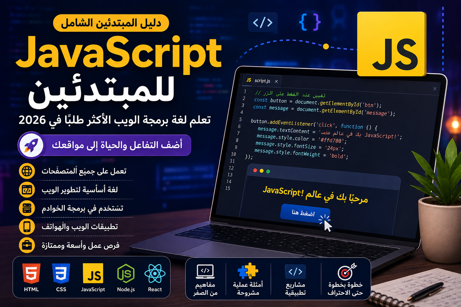 JavaScript للمبتدئين: تعلم لغة برمجة الويب الأكثر طلبًا في 2026