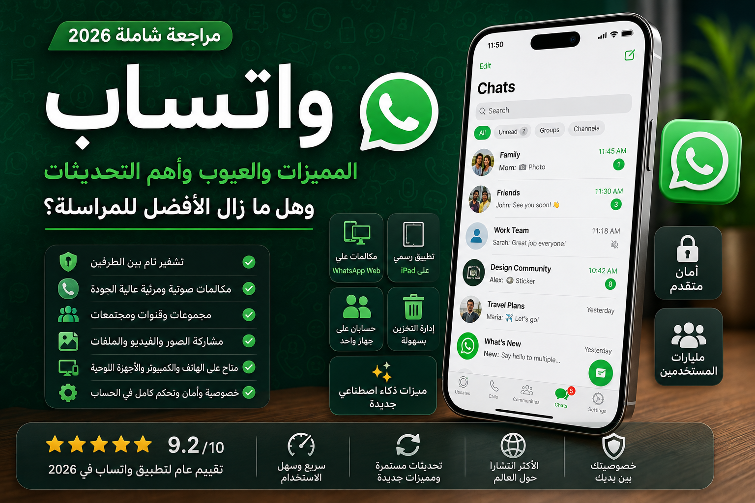 مراجعة واتساب 2026: المميزات والعيوب وأهم التحديثات وهل ما زال الأفضل للمراسلة؟