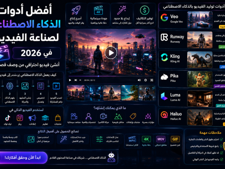 أفضل أدوات الذكاء الاصطناعي لصناعة الفيديو في 2026: أنشئ فيديو احترافي من وصف قصير