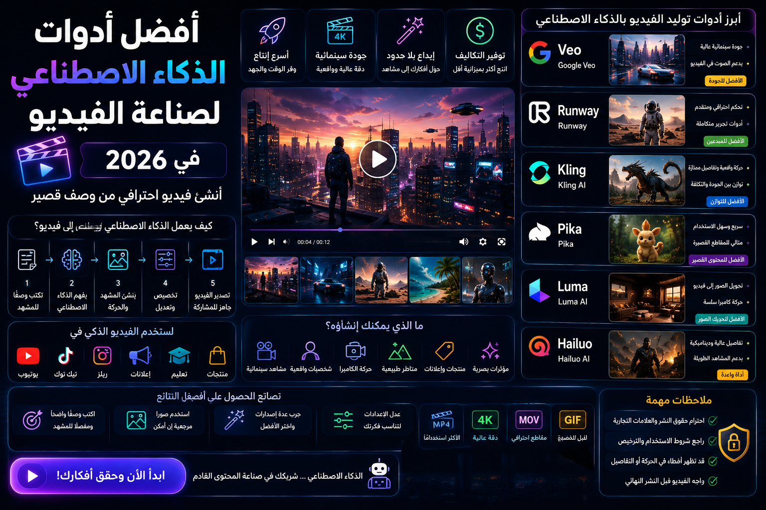 أفضل أدوات الذكاء الاصطناعي لصناعة الفيديو في 2026: أنشئ فيديو احترافي من وصف قصير